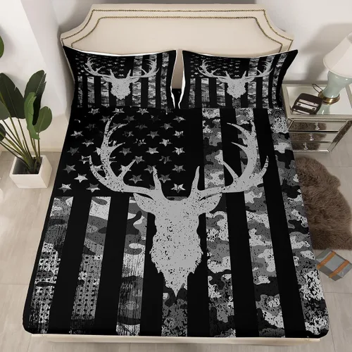 Vista 5 de Homewish Sábana bajera ajustable con diseño de bandera estadounidense de camuflaje para niños, tamaño individual, silueta de cuernos de ciervo