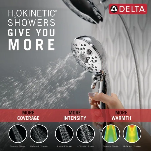 Vista 6 de Cabezal de ducha dual In2ition de 5 pulverizaciones Delta Faucet con rociador de mano, cabezal de ducha cromado H2Okinetic con manguera, cabezales