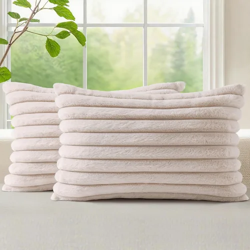 Vista 62 de decorUhome Fundas de almohada de piel sintética, juego de 2, decorativas, afelpadas, suaves, afelpadas, a rayas, parte posterior de terciopelo
