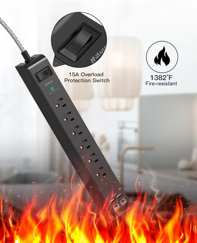 Vista 6 de Regleta Protectora de Sobretensiones - 6 Tomas 4 Puertos de Carga USB, Cable de Extensión Trenzado de 5 Pies, Enchufe Plano, Protección contra