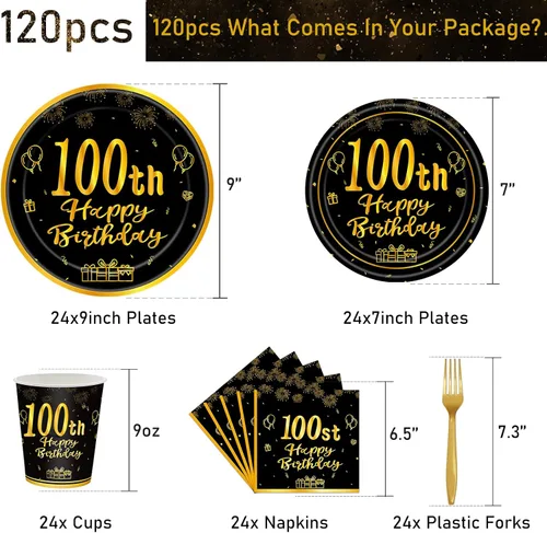 Vista 2 de 120 piezas de suministros para fiesta de cumpleaños número 100, platos, servilletas, vasos, tenedores, juego de vajilla desechable con temática