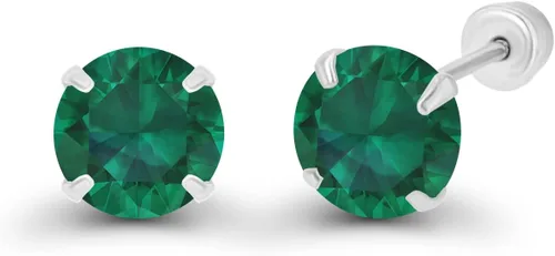 Vista 2 de Aretes de tuerca con rosca de oro macizo de 14 quilates, hipoalergénicos, de 0.157in, con piedra natal redonda, circonita