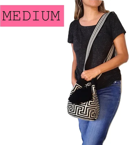 Vista 3 de WAYUU bolso mochila para mujer, bolsa tejida original colombiana auténtico patrón de ganchillo Fairtrade Regalo de Colombia, Diseño 40-Medium