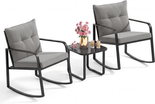 Vista 11 de Gizoon, Juego de 3 piezas de sillas mecedoras estilo bistró, muebles de patio de acero negro, juego de sillas para el porche con mesa de café