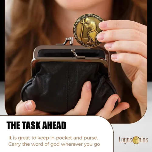Vista 7 de The Task Ahead Coin, paquete a granel de 10, I Can Do All Things, monedas de desafío, chapado en oro antiguo, con un caballero templario arrodillado