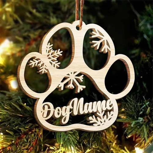 Vista 9 de Adorno de Navidad de pata de perro, adornos personalizados, copos de nieve cortados con láser para árbol de Navidad, adorno de pata de perro