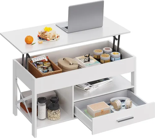 Vista 15 de WLIVE Mesa de Centro, Mesa de Centro Elevable de 39 pulgadas con Compartimento Oculto, Cajones de Almacenamiento y Estante de Almacenamiento