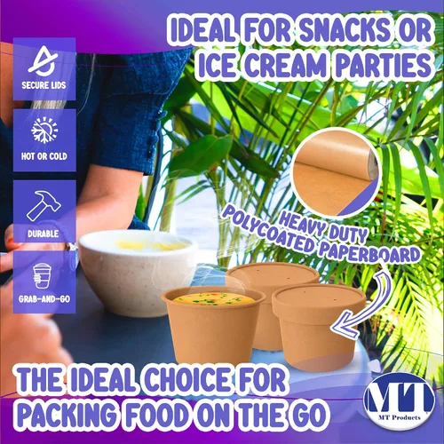 Vista 3 de MT Products Vasos de sopa de papel Kraft de 8 onzas, recipientes desechables para sopa con tapas, paquete de 20