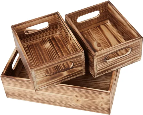 Vista 12 de PHOENANCEE Cajas de madera para exhibición, cajas decorativas rústicas de almacenamiento, juego de 3, caja anidable de madera con asas, cesta
