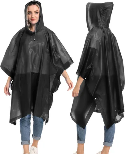 Vista 6 de Ponchos de lluvia reutilizables con capucha con cordón para adultos, abrigo de lluvia grueso impermeable, 2 paquetes