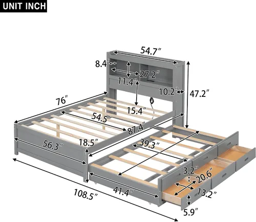 Vista 3 de Polibi Cama de plataforma de tamaño matrimonial con nido individual, marco de cama de madera de pino con almacenamiento, estantería, cajones y Gris