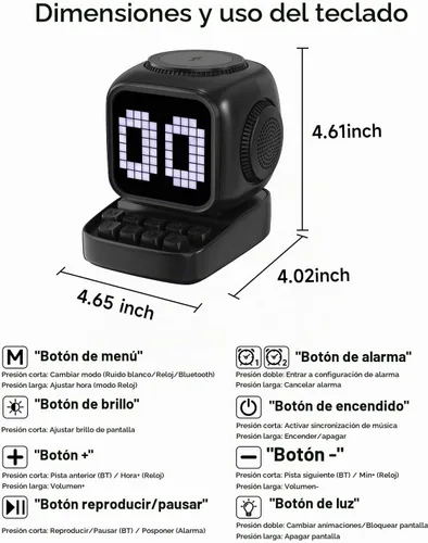 Vista 8 de Altavoz Bluetooth 5 en 1 de robot retro: cargador inalámbrico de 15 W, pantalla LED de píxeles, sonido estéreo de 10 W y 15 ruido blanco, reloj Negro