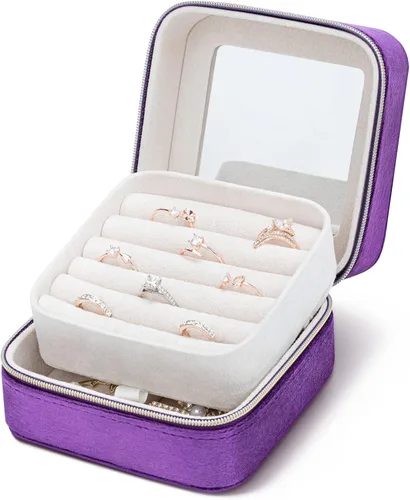 Vista 8 de V-LAFUYLIFE Organizador de joyas de viaje de terciopelo organizador de joyas portátil pequeño de 2 capas cajas de joyería para mujer organizador