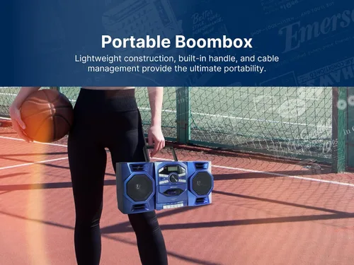 Vista 8 de Emerson Reproductor de CD portátil Boombox con reproductor de cassette, grabadora de cinta, radio AM/FM, entrada AUX, altavoces desmontables