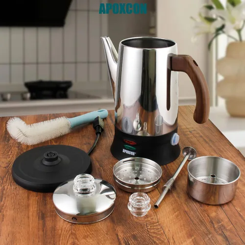 Vista 2 de APOXCON Cafetera eléctrica percoladora de acero inoxidable con dos perillas de progreso de preparación transparente de vidrio resistente y mango