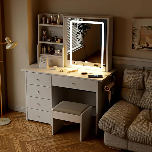 Vista 6 de Mesa de tocador ALEAVIC con espejo y luces LED, juego de tocador de maquillaje con toma de corriente y taburete, almacenamiento para joyas, mesa