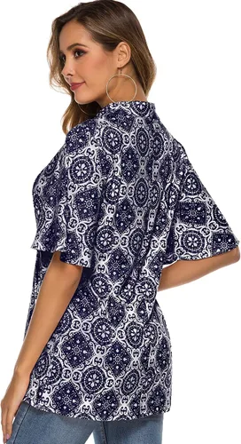 Vista 5 de HOCOSIT - Camiseta de manga corta con olanes y cuello en V con estampado de flores, plisada y abotonada, para mujer