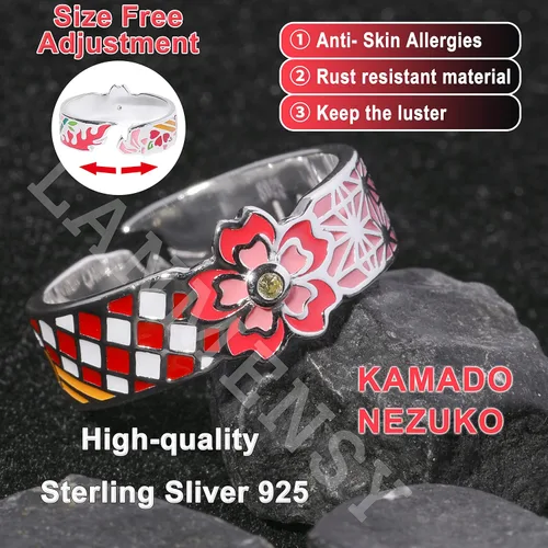 Vista 4 de LANMENSY Anillos de pareja de anime de plata de ley 925 Demon Slayer para hombres y mujeres, anillos a juego para parejas, juego Kimetsu No Yaiba