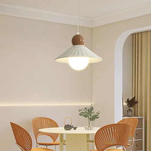 Vista 2 de French Elegant Ceramic Pendant Light Modern White Cream Cone Kitchen Island Lighting PE Shade Chandelier for Dining Room Breakfast E27/E26