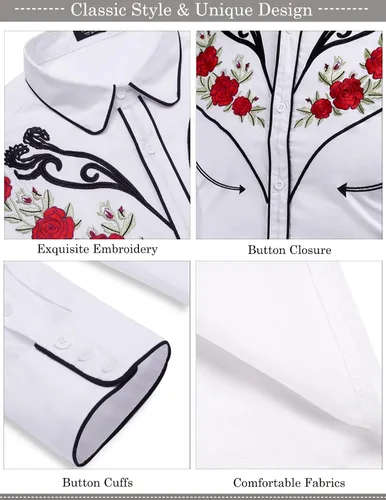 Vista 5 de COOFANDY Camisa vaquera occidental para hombre, camisa bordada de manga larga, ajustada, de algodón, casual, con botones