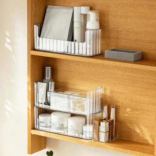 Vista 5 de Organizador de estantes de 2 niveles para botiquín, compartimentos para almacenamiento de maquillaje, bandejas de estante para pared de gabinete
