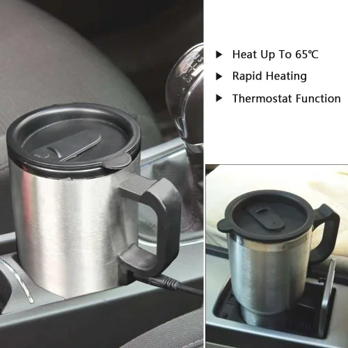Vista 6 de Taza eléctrica para coche de 12V, taza con calefacción para automóvil, 450ml de acero inoxidable, taza eléctrica de viaje para café de 14oz. Taza