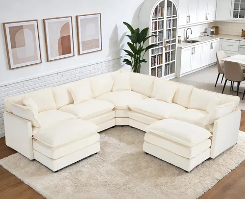 Vista 10 de Sofá Seccional Modular, Sofá Loveseat Moderno Sofá Nube con Otomana Móvil, Cómodo Asiento Profundo de Chenille en Forma de L Sofás para Sala de Negro