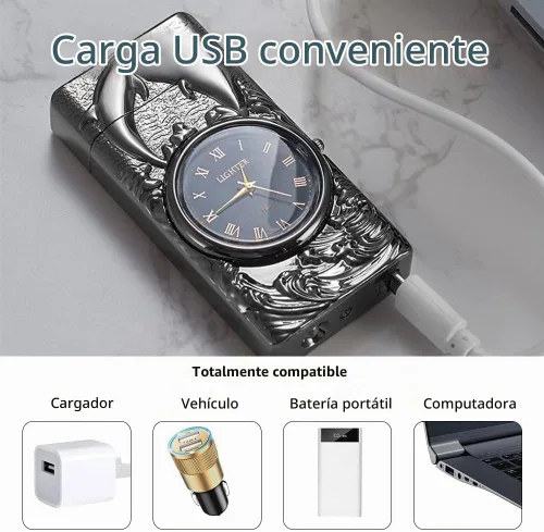 Vista 5 de GADATOP Encendedor eléctrico recargable a prueba de viento, encendedor de plasma con alivio de delfines 3D, reloj integrado con luz LED para uso
