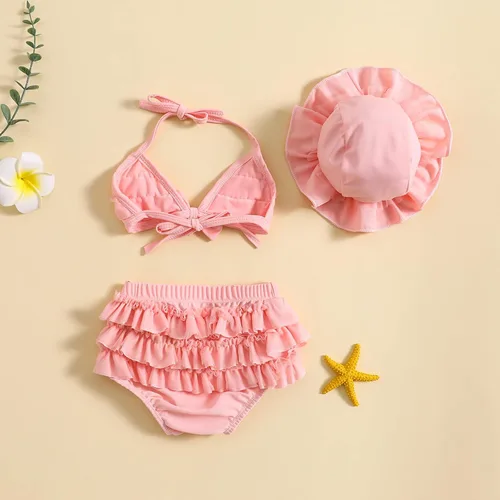 Vista 7 de Yccutest Traje de baño de flores para bebé, 3 piezas, parte superior triangular, parte inferior con volantes, sombrero para el sol, conjunto