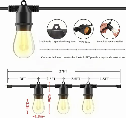Vista 5 de Cadena de luces LED para exteriores de 27 pies, IP65 Impermeable, luces de cadena S14 inastillables para exteriores (máximo 918 pies) Bombillas