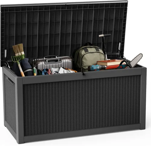 Vista 34 de DRATO Caja de almacenamiento para cubierta de 31 galones, caja de almacenamiento para exteriores para cojines de patio, herramientas de jardín, caja
