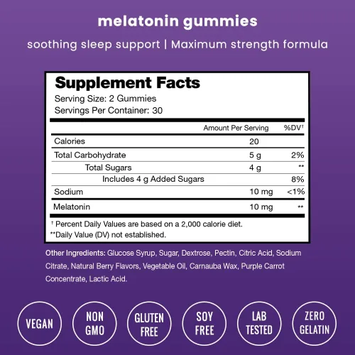 Vista 2 de NutraChamps Gomitas de melatonina para adultos, vitaminas extra fuertes para ayudar al sueño, dosis de 5 mg o 10 mg, suplemento vegano con sabor a