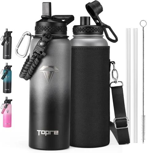 Vista 18 de Topre Botella de agua aislada de 32 onzas, botella de agua al vacío de acero inoxidable, sin BPA y a prueba de fugas - con asa de paracord, correa