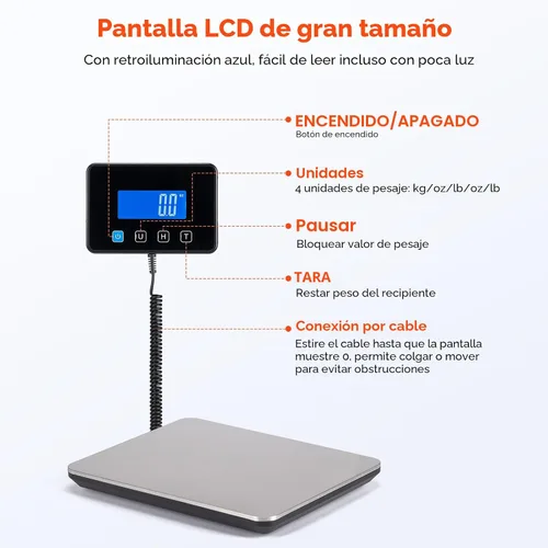 Vista 3 de MUNBYN Báscula de envío, báscula postal digital de 440 lb/1.8 oz para paquetes con función de retención/tara, LCD retroiluminado, batería y cable
