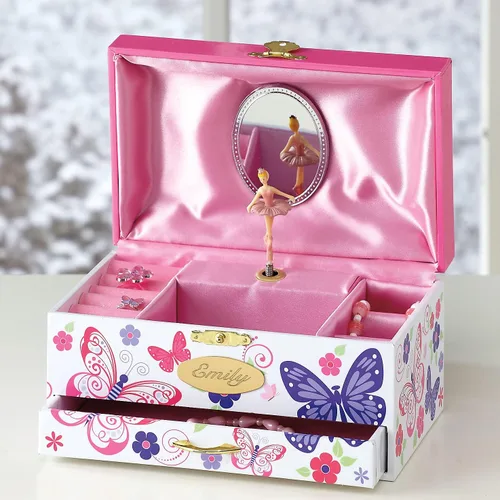 Vista 4 de Caja de música floral de mariposa caja de joyería para niñas forrada en satén rosa fuerte bailarina