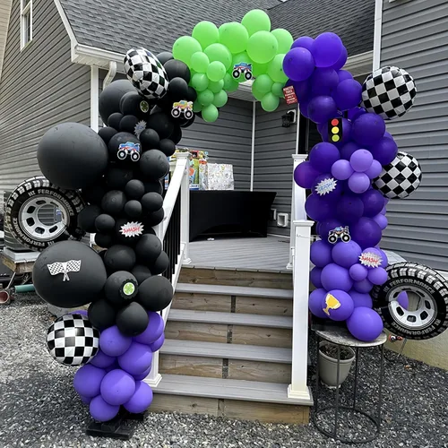 Vista 3 de Kit de arco de guirnalda de globos de 145 piezas con temática de camión monstruo morado y verde y negro con ruedas grandes, globos de aluminio a
