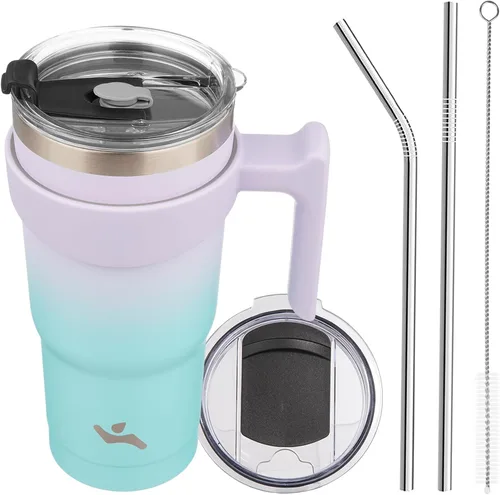 Vista 58 de Konokyo - Vaso de 10 onzas con asa y 2 popotes, 2 tapas, botella de agua aislada de acero inoxidable, taza de viaje reutilizable, color verde militar
