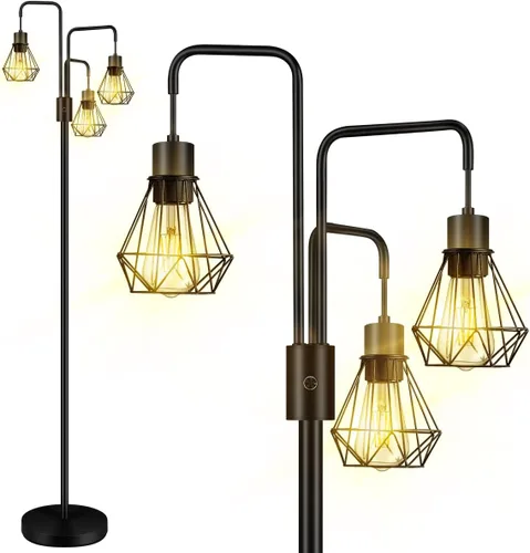 Vista 9 de Lámpara de pie industrial BoostArea para sala de estar, lámpara de pie moderna dorada con 3 luces, lámpara de pie para pararse con diseño simple