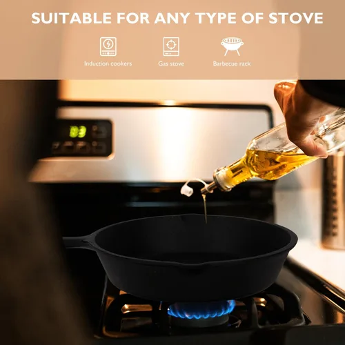 Vista 6 de Thick Cast Iron Nonstick Steak Frying Pan with Wooden Board Even Heat Distribution Wear-resistant Surface Versatile Omelette and Egg Pan for Home