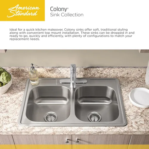 Vista 4 de American Standard 22SB.6252283S.075 Colony Top Mount Ada 25x22 Solo Tazón Acero Inoxidable 3 Agujeros Fregadero de Cocina