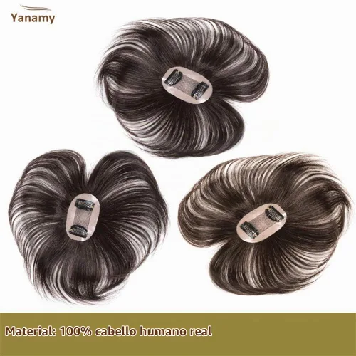 Vista 6 de Toppers de cabello humano para mujer con cabello fino, clips en 2 x 3 pulgadas, base de seda, corona de 6.7 pulgadas, marrón oscuro