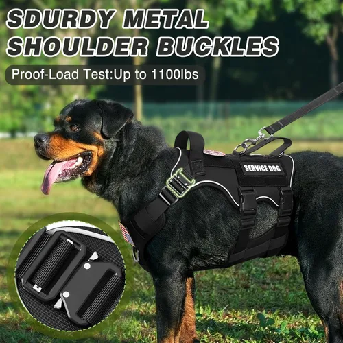 Vista 2 de Juego de chaleco y correa táctico para perro de servicio, arnés resistente con hebillas de metal para perros de tamaño mediano, chaleco ajustable