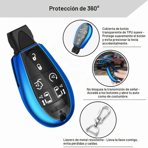 Vista 3 de QBUC Funda para llavero Dodge con llavero de TPU compatible con Dodge Ram Jeep Chrysler modelo 2008-2018 accesorios (azul)