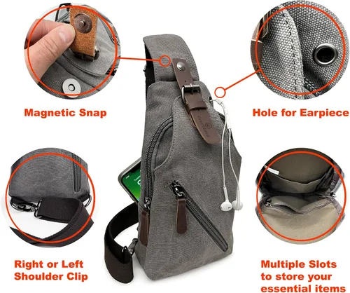 Vista 4 de CONVIDENT Bolso bandolera unisex de lona Pequeña bolsa cruzada mochila de hombro casual Daypack para hombres y mujeres