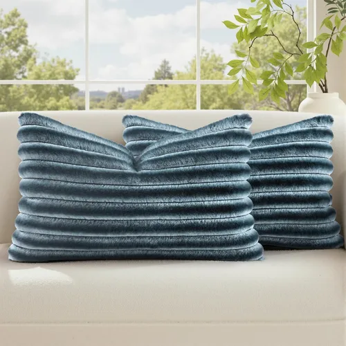 Vista 67 de decorUhome Fundas de almohada de piel sintética, juego de 2, decorativas, afelpadas, suaves, afelpadas, a rayas, parte posterior de terciopelo