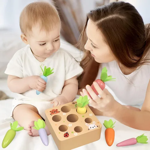 Vista 3 de KMTJT Juguetes Montessori para niños pequeños de 1, 2 y 3 años, juego de cosecha de zanahoria Macron, juguetes de madera para bebés niños y niñas