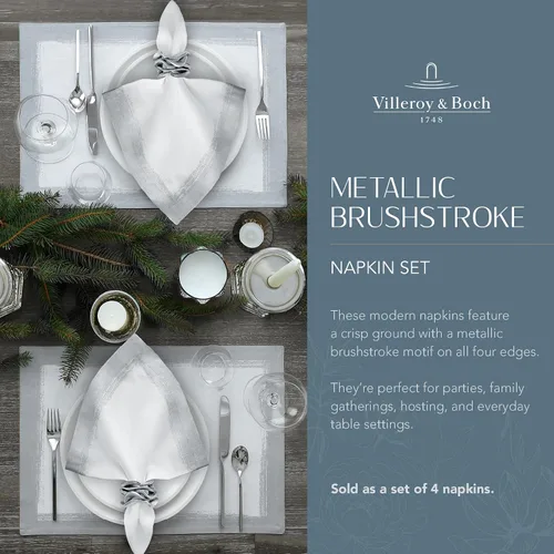 Vista 2 de Villeroy & Boch Servilletas metálicas de lino con pinceladas, 21 x 21 pulgadas, juego de 4, color blanco y plateado