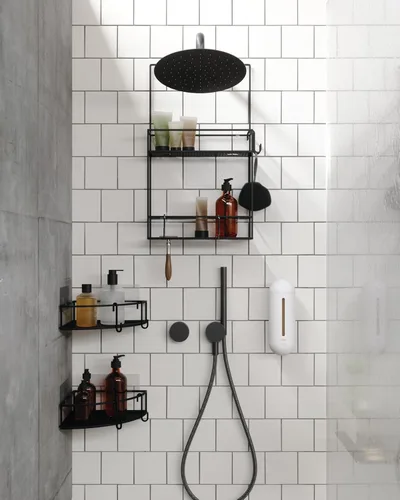 Vista 8 de Umbra Cubiko - Estante de esquina para ducha, estantes flotantes de metal con tiras de montaje adhesivas, paquete de 2, color negro