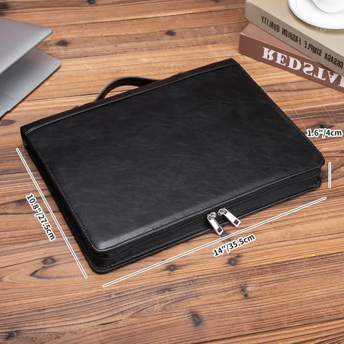 Vista 3 de Carpeta de 3 anillos de cuero vegano con portapapeles, mango oculto, 8.5 x 11 pulgadas con cremallera, organizador de negocios, folio ejecutivo Negro