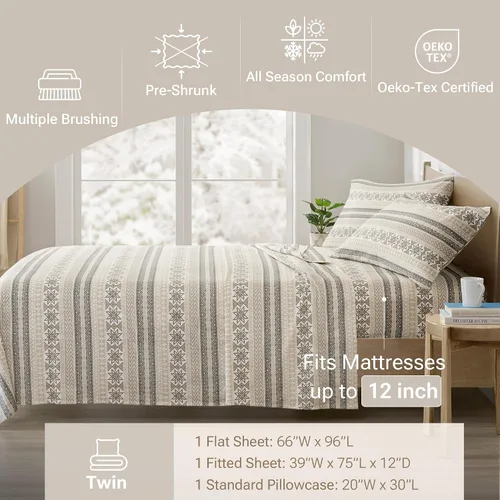 Vista 197 de Sleep Philosophy - True North - Juego de sábanas de franela, 100% de algodón, cómodo, bonito y muy suave, con bolsillo elástico que se adapta a